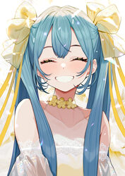  :3 ^_^ absurdres bad_id bad_twitter_id bare_shoulders blue_hair bow closed_eyes collarbone commentary detached_sleeves eyebrows_hidden_by_hair eyelashes facing_viewer female flower grin hairbow hatsune_miku highres long_hair long_sleeves see-through see-through_bow smile solo twintails upper_body vocaloid white_background yellow_bow yellow_flower yuu_(higashi_no_penguin) 