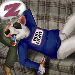  1:1 80&#039;s_theme advertisement alcohol anthro beverage black_nose bodily_fluids bottomless bottomless_male brown_body brown_fur bud_light bull_terrier canid canine canis closed_eyes clothed clothing domestic_dog drinking drooling duo fur furniture hunting_dog male mammal mascot mort_(artist) multicolored_body multicolored_fur open_mouth party partying saliva sleeping sofa spuds_mackenzie terrier two_tone_body two_tone_fur unconscious white_body white_fur 