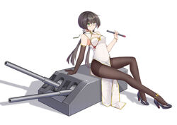  absurdres agano_(warship_girls_r) black_footwear black_gloves black_hair black_pantyhose breasts cannon china_dress chinese_clothes cleavage_cutout clothing_cutout dress elbow_gloves female glasses gloves green_eyes high_heels highres holding holding_torpedo ironmarch long_hair low_twintails pantyhose pelvic_curtain side_slit single_elbow_glove single_glove sitting sleeveless sleeveless_dress small_breasts solo torpedo turret twintails warship_girls_r white_dress 