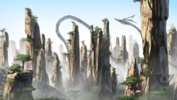  artist_name blue_sky commentary_request dragon fantasy fog gradient_sky joki_yoh mountain no_humans original outdoors scenery sky tree 