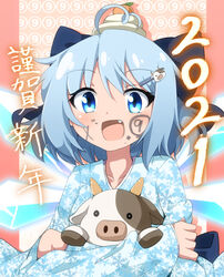  2021 ahoge animal_hair_ornament black_bow blue_bow blue_eyes blue_hair blue_kimono blue_sash blush bovine bow chinese_zodiac circled_9 cirno collarbone commentary_request cow_hair_ornament curly_hair do_(4-rt) facepaint female food food_on_head fruit fruit_on_head glowing glowing_eyes glowing_wings hair_ornament hairbow hairpin holding hug ice ice_wings japanese_clothes kimono long_sleeves mandarin_orange new_year object_on_head oerba_yun_fang open_mouth raised_eyebrows sash short_hair sidelocks snowflake_print solo touhou translated upper_body white_kimono wings year_of_the_ox 