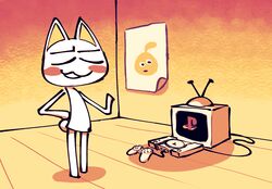  2019 anthro arms_bent bent_arm chibi closed_eyes console controller cord crt doko_demo_issho domestic_cat electronics extended_arm felid feline felis full-length_portrait fur game_console game_controller hand_on_hip hand_on_own_hip inside jaquin_s legs_together locoroco logo male mammal orange_theme playstation playstation_1 playstation_console playstation_controller playstation_logo portrait poster ps1_console ps1_controller retro_console retro_controller rosy_cheeks screen simple_background solo sony_corporation sony_interactive_entertainment standing straight_legs television toony toro_inoue touching_hip touching_own_hip warm_colors white_body white_fur wired_controller yellow_inner_ear 