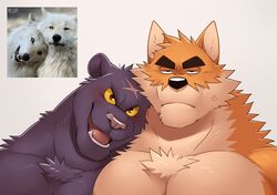  2023 annoyed_expression anthro black_body black_fur blush canid canine canis cross-popping_vein domestic_dog duo facial_scar felid forehead_scar fur happy head_on_shoulder head_scar hi_res male mammal muscular muscular_anthro muscular_male narrowed_eyes open_mouth orange_body orange_fur otake pantherine ray_(takemoto_arashi) red_eyes reference_image scar takemoto_arashi tongue wolf yellow_sclera 