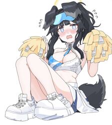  animal_ears bare_shoulders bike_shorts bike_shorts_under_skirt black_hair blue_archive blue_eyes blue_shorts blush breasts cheerleader commentary_request crop_top dog_ears dog_girl dog_tail eyewear_on_head female flying_sweatdrops folded goggles goggles_on_head halo hibiki_(blue_archive) hibiki_(cheer_squad)_(blue_archive) holding long_hair looking_at_viewer medium_breasts millennium_cheerleader_outfit_(blue_archive) miniskirt official_alternate_costume open_mouth shoes shorts simple_background sitting skirt sleeveless solo tail tamayume tearing_up white_background white_footwear white_skirt 