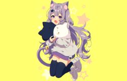  animal_ears aylaah_mao bandaid bell blush catgirl hoodie long_hair mamyouda oerba_yun_fang purple_eyes purple_hair signed stars tail thighhighs yellow zettai_ryouiki 