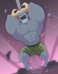  abs absurd_res anthro biceps bottomwear bovid bovine cape_buffalo chief_bogo clothing dancing disney green_bottomwear green_clothing green_shorts grey_body hi_res hikazedragon horn looking_at_viewer male mammal muscular muscular_anthro muscular_male nipples pecs pole pole_dancing shorts solo tail tail_motion true_buffalo zootopia 