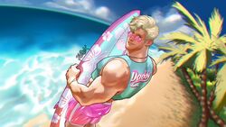  actor barbie_(2023) barbie_(franchise) beach biceps blonde_hair bulge caucasian caucasian_male celebrity clothed crop_top in_character kaillrex ken_carson looking_at_viewer male male_only mattel muscles muscular muscular_male ocean outdoors outside palm_tree ryan_gosling sand see-through_shorts surfboard 