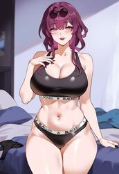  1girls ai_generated big_breasts black_bra black_eyes black_nails black_panties blacked blacked_clothing bra cleavage facing_viewer female female_only gooner4lt honkai:_star_rail kafka_(honkai:_star_rail) large_breasts looking_at_viewer meme_attire panties purple_eyes purple_hair qos qos_clothing queen_of_spades red_lipstick sheet_grab solo sunglasses_on_head thick_thighs wide_hips 