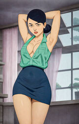  1girls ai_generated armpits arms_up asian cleavage debbie_grayson deborah_grayson famous_lewdies female female_only fully_clothed hands_behind_head invincible milf miniskirt revealing_clothes skirt sleeveless solo_female stable_diffusion 