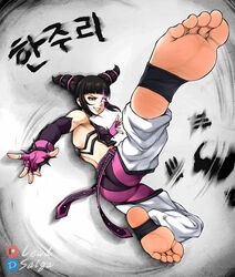  1girls 2d athletic_female bangs barefoot big_feet black_hair feet female female_only foot_fetish foot_focus fully_clothed greek_toe juri_han kicking lewdsaiga long_toes meaty_soles no_penetration no_sex phone presenting_feet soles solo solo_female spiked_bracelet stirrup_legwear street_fighter tagme toes twin_drills two_tone_hair 