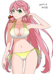  akashi_(kancolle) akashi_(swimsuit_mode)_(kancolle) artist_name bikini blunt_tresses breasts dated female gradient_bikini green_eyes hair_ribbon hamukiyo highres kantai_collection long_hair looking_at_viewer medium_breasts official_alternate_costume pink_hair ribbon side-tie_bikini_bottom simple_background smile solo standing swimsuit tress_ribbon white_background 