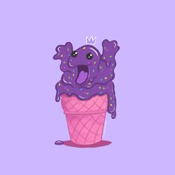  :o absurdres arms_up artist_name black_eyes commentary crown dripping food food_focus full_body grimer hands_up highres ice_cream ice_cream_cone instagram_username looking_at_viewer marshuni melting no_humans open_mouth pokemon pokemon_(creature) purple_background simple_background solid_circle_eyes solo sprinkles tongue 