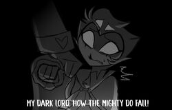  anthro asmodeus_(helluva_boss) avian bird black_background demon dialogue duo hair helluva_boss hi_res holding_arm male monochrome owl owl_demon short_hair simple_background stolas_(helluva_boss) teathekook text white_text 