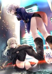  2girls absurdres ahoge artoria_pendragon_(fate) ass back black_dress black_footwear black_jacket blue_coat blush boots breasts burger canine cavall_the_2nd cityscape coat dress eating fate/grand_order fate_(series) food fur-trimmed_coat fur_trim hane_yuki highres hood hooded_jacket jacket jeanne_d&#039;arc_alter_(fate) jeanne_d&#039;arc_alter_(ver._shinjuku_1999)_(fate) knee_boots large_breasts legs long_hair long_sleeves multiple_girls official_alternate_costume open_clothes open_coat open_jacket ponytail saber_alter saber_alter_(ver._shinjuku_1999)_(fate) samoyed_(dog) short_dress sitting thigh_boots thighhighs white_hair yellow_eyes 