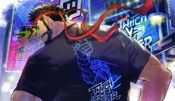  1boy back beard black_hair building casual character_print facial_hair forked_eyebrows from_behind headband looking_at_viewer looking_back male_focus mature_male moustache muscular muscular_male official_art ryu_(street_fighter) second-party_source shirt sign smile solo street_fighter street_fighter_6 tamio twitch.tv 