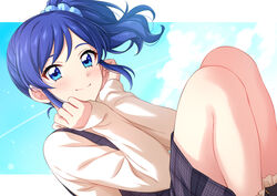  absurdres aikatsu!_(series) bad_id bad_pixiv_id blue_eyes blue_hair blue_sky blush closed_mouth commentary day dress dutch_angle feet_out_of_frame female hair_ornament hair_scrunchie hands_on_own_cheeks hands_on_own_face highres kiriya_aoi long_hair long_sleeves looking_at_viewer outdoors outside_border plaid plaid_dress purple_dress scrunchie sekina side_ponytail sky sleeves_past_wrists smile solo squatting sweater swept_bangs yellow_sweater 