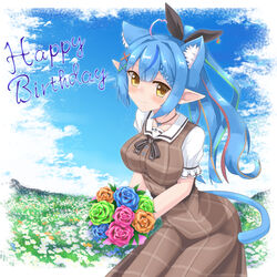  ahoge animal_ear_fluff animal_ears bad_id bad_pixiv_id black_bow black_ribbon blue_flower blue_hair blue_rose blush bouquet bow braid braided_bangs breasts brown_dress brown_eyes brown_flower brown_hair brown_rose cat_ears cat_girl cat_tail collarbone commentary day dress female field flower flower_field fuyuki8208 green_flower green_hair green_rose hair_between_eyes hair_ornament hair_ribbon hairclip happy_birthday heart heart_ahoge highres holding holding_bouquet hololive long_hair medium_breasts multicolored_hair official_alternate_costume official_alternate_hairstyle outdoors plaid plaid_dress pointy_ears ponytail puffy_short_sleeves puffy_sleeves purple_flower purple_rose ribbon rose shirt short_sleeves sleeveless sleeveless_dress solo streaked_hair tail very_long_hair virtual_youtuber white_flower white_shirt x_hair_ornament yukihana_lamy yukihana_lamy_(casual) 