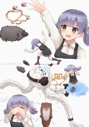  1other 2girls abyssal_ship arm_up black_dress black_sheep black_socks blush bokukawauso braid buttons closed_eyes dress enemy_aircraft_(kancolle) gameplay_mechanics grey_eyes highres k_jie kantai_collection kneehighs long_hair long_sleeves multiple_girls nichijou ooshio_(kancolle) ooshio_kai_ni_(kancolle) open_mouth parody pinafore_dress purple_hair sheep shirt short_hair sleeveless sleeveless_dress smile socks speed_lines supply_depot_princess twin_braids two_side_up very_long_hair white_shirt 