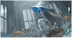  1boy alphonse_(white_datura) birdcage blaidd_the_half-wolf blue_hair blue_skin book cage candlestand cloak colored_skin crystal dated elden_ring extra_faces female fur_cloak hat highres holding holding_book large_hat long_hair miniature_ranni ranni_the_witch reading scenery signature sitting solo_focus witch witch_hat 