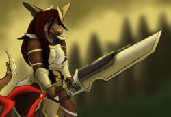  absurd_res anthro armor clothing dragon female gun gunblade hair hi_res long_hair long_tail melee_weapon murnema_(voirath) mythological_creature mythological_scalie mythology ranged_weapon scalie solo sword tail vandracti voirath weapon 