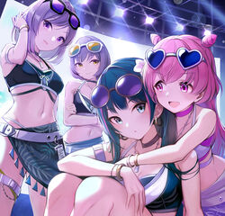  4girls :d akazaki_kokoro bikini black_bikini bob_cut bracelet breasts cleavage closed_mouth crossed_arms double_bun earrings eyewear_on_head green_eyes green_hair grey_hair hair_bun halterneck hand_in_own_hair heart heart-shaped_eyewear hug hug_from_behind idoly_pride igawa_aoi jewelry kanzaki_rio knees_up komiyama_ai legs_together liznoir_(idoly_pride) long_hair looking_at_another looking_at_viewer medium_hair multicolored_hair multiple_girls navel o-ring o-ring_top open_mouth pendant pink_eyes pink_hair purple_eyes round_eyewear sidelocks sitting smile stage stage_lights stomach streaked_hair sunglasses swept_bangs swimsuit truss tuna_picture v-shaped_eyebrows yellow_eyes 