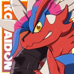  1:1 ambiguous_gender ancient_pokemon anthro apex_build_koraidon digital_drawing_(artwork) digital_media_(artwork) feathers generation_9_pokemon gradient_background grinning_at_viewer hi_res inviting koraidon legendary_pokemon looking_at_viewer nintendo paradox_pokemon pokemon pokemon_(species) red_body scales simple_background smile smiling_at_viewer solo yellow_eyes zennybluegenesis 