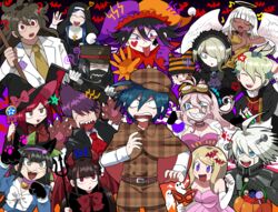  6+boys 6+girls ? absurdres ahoge akamatsu_kaede amami_rantaro angel angel_wings animal_hands basket bat_(animal) bat_hair_ornament black_hair blush breasts candy chabashira_tenko closed_eyes club_(shape) commentary danganronpa_(series) danganronpa_v3:_killing_harmony demon_horns demon_wings detective dress everyone facial_hair facial_mark food furukawa_(yomawari) ghost glasses gloves goatee goggles goggles_on_head gokuhara_gonta habit hair_between_eyes hair_ornament halloween halloween_costume halo harukawa_maki hat heart highres horns hoshi_ryoma iruma_miu jester_cap k1-b0 lab_coat long_hair long_sleeves maid_headdress mask momota_kaito multiple_boys multiple_girls musical_note nun oma_kokichi open_mouth own_hands_together paw_gloves paw_pose pitchfork praying saihara_shuichi scythe sharp_teeth shinguji_korekiyo shirogane_tsumugi short_hair sweat teeth tojo_kirumi wings witch_hat yonaga_angie yumeno_himiko 