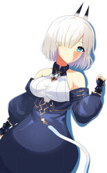  :o alchemy_stars bare_shoulders bethel_(alchemy_stars) black_gloves blue_eyes blue_skirt blue_sleeves breasts bubble_skirt collared_shirt commentary_request detached_sleeves drop_shadow dutch_angle female fingerless_gloves gloves hair_over_one_eye hand_up horns long_sleeves looking_at_viewer medium_breasts neu_(frameice) parted_lips puffy_long_sleeves puffy_sleeves shirt short_hair skirt sleeveless sleeveless_shirt solo white_background white_hair white_shirt 