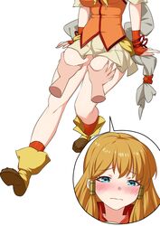  bare_legs blue_eyes blush breasts commission deep_skin disembodied_hand english_commentary female fire_emblem fire_emblem:_radiant_dawn highres igni_tion long_hair medium_breasts mist_(fire_emblem) multiple_views orange_hair orange_socks socks thigh_grab thighs white_background 