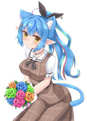  ahoge animal_ear_fluff animal_ears bad_id bad_pixiv_id black_bow black_ribbon blue_flower blue_hair blue_rose blush bouquet bow braid braided_bangs breasts brown_dress brown_eyes brown_flower brown_hair brown_rose cat_ears cat_girl cat_tail collarbone commentary_request dress female flower fuyuki8208 green_flower green_hair green_rose hair_between_eyes hair_ornament hair_ribbon hairclip heart heart_ahoge highres holding holding_bouquet hololive long_hair medium_breasts multicolored_hair official_alternate_costume official_alternate_hairstyle plaid plaid_dress pointy_ears ponytail puffy_short_sleeves puffy_sleeves purple_flower purple_rose ribbon rose shirt short_sleeves simple_background sleeveless sleeveless_dress solo streaked_hair tail very_long_hair virtual_youtuber white_background white_shirt x_hair_ornament yukihana_lamy yukihana_lamy_(casual) 