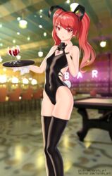  absurdres animal_ears bar_(place) bare_shoulders black_leotard black_thighhighs blush breasts dress female frederica_nikola_tesla hair_between_eyes hair_ornament hair_ribbon highres honkai_(series) honkai_impact_3rd leotard long_hair looking_at_viewer open_mouth playboy_bunny rabbit_ears rabbit_tail red_eyes red_hair ribbon small_breasts solo standing tail thighhighs thighs torofu twintails 