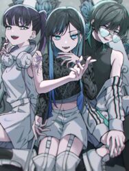  1boy 2girls absurdres ado_(utaite) aqua_nails arm_tattoo bad_id bad_pixiv_id black_hair black_shirt black_tank_top blue-tinted_eyewear blue_eyes blue_flower blue_hair blue_nails blue_rose blunt_bangs chando_(ado) cloud_nine_inc commentary_request company_connection crop_top dress earbuds earphones earrings fingernails flower flower_tattoo garter_straps glasses green_hair green_nails hand_up headphones headphones_around_neck highres jakusansei_(utaite) jewelry long_hair long_sleeves looking_at_viewer medium_hair midriff mole mole_under_eye multicolored_hair multiple_girls nail_polish open_mouth own_hands_together partial_commentary ponytail purple_eyes purple_hair purple_nails ready_steady_(vocaloid) rose shirt short_hair shorts sitting sleeveless sleeveless_dress smile streaked_hair takayou tank_top tattoo tinted_eyewear utaite very_long_hair white_headphones white_shorts yoshino_(utaite) 