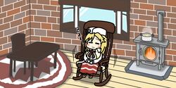  :3 blonde_hair blush brick_wall chair chibi closed_eyes cooking_pot female food girls&#039;_frontline highres indoors nagant_revolver_(girls&#039;_frontline) rocking_chair simasen sleeping solo soup stove table window wood-burning_stove wooden_floor zzz 