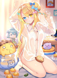  absurdres anklet barefoot blonde_hair blue_eyes blush braid breasts character_doll cleavage female food hair_bun hair_ornament heterochromia highres indie_virtual_youtuber jewelry loco_lost long_hair looking_at_viewer muffin naked_shirt navel necklace pout rei_(rei&#039;s_room) shirt single_hair_bun sitting solo virtual_youtuber yellow_eyes 