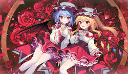  2girls ainy alternate_costume bat_wings blonde_hair blue_hair closed_mouth commentary_request crystal flandre_scarlet flower hair_between_eyes hat long_sleeves looking_at_viewer lying mob_cap multiple_girls on_back open_mouth pantyhose petals red_eyes red_flower red_rose red_skirt remilia_scarlet rose short_hair siblings side_ponytail sisters skirt smile touhou white_headwear white_pantyhose wings 