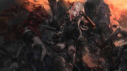  6+girls after_battle amputee android artist_request black_jacket black_thighhighs blonde_hair corpse embers foot_out_of_frame game_cg girls&#039;_frontline gun hair_between_eyes hand_on_own_face headgear holding holding_eyeball jacket long_hair m4_sopmod_ii m4_sopmod_ii_(girls&#039;_frontline) mechanical_arms mechanical_parts missing_eye missing_limb multicolored_hair multiple_girls official_art open_mouth rain red_eyes red_hair ruins solo_focus spoilers streaked_hair teeth thighhighs torn_clothes torn_jacket torn_thighhighs variant_set weapon wire 