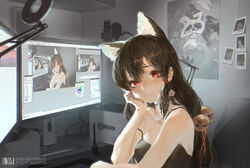  absurdres animal_ears bare_shoulders black_shirt blush breasts brown_hair chinese_commentary choker closed_mouth commentary computer dm_(dai_miao) ear_piercing earrings female hair_between_eyes hair_ornament hair_ribbon hand_on_own_cheek hand_on_own_face highres indoors jewelry long_hair looking_at_viewer monitor multiple_monitors original photoshop_(medium) piercing recurring_image recursion red_eyes red_ribbon ribbon room shirt sidelocks sitting sleeveless smile solo 