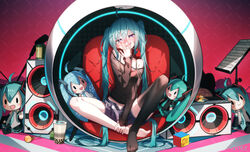  ahoge aqua_hair ball bare_shoulders barefoot basketball_(object) belt black_shorts blush blush_stickers bubble_tea character_doll chinese_commentary collarbone commentary covering_own_mouth double-parted_bangs egg_chair female hand_over_own_mouth hand_up hatsune_miku highres koi_wa_sensou_(vocaloid) legs long_hair long_sleeves microphone music_stand no_shoes off_shoulder open_belt open_clothes open_mouth open_shorts qys3 red_background rubik&#039;s_cube sheet_music shirt shorts single_thighhigh sitting smile solo spaghetti_strap speaker thighhighs toes twintails very_long_hair vocaloid white_belt yuki_miku yuki_miku_(2010) 