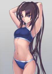  armpits arms_behind_head arms_up asymmetrical_bikini bikini blue_bikini blue_eyes blush breasts brown_hair closed_mouth collarbone cowboy_shot fate/grand_order fate_(series) female grey_background groin hair_between_eyes hair_intakes long_hair looking_at_viewer navel official_alternate_costume ponytail purutoppu_(toranohige) simple_background small_breasts smile solo sports_bikini standing stomach swimsuit taut_bikini taut_clothes ushiwakamaru_(fate) ushiwakamaru_(swimsuit_assassin)_(fate) ushiwakamaru_(swimsuit_assassin)_(first_ascension)_(fate) very_long_hair 