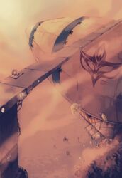  6+others aircraft bridge brown_theme day desert dirigible emblem falling_leaves from_above hazard_stripes in-universe_location leaf multiple_others outdoors ragnarok_online sairin scenery tree 