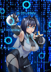  absurdres backwards_text black_gloves blue_eyes blue_hair bow bow_earrings breasts chains cleavage clothing_cutout cortana cross detached_sleeves digital_rain earrings english_text female gloves hair_intakes highres ho2nium hololive hololive_english jewelry looking_at_viewer meme ouro_kronii photo-referenced scared short_hair skirt underboob virtual_youtuber windows_10 