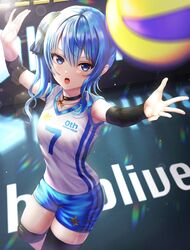  :o absurdres alternate_costume arms_up ball black_choker black_thighhighs blue_eyes blue_hair blue_shorts blurry choker commentary_request cowboy_shot depth_of_field elbow_pads elbow_sleeve female highres hololive hoshimachi_suisei jersey knee_pads looking_at_object medium_hair number_print open_mouth playing_sports shirt short_shorts shorts side_ponytail sidelocks single_elbow_pad single_knee_pad single_thighhigh solo sportswear star_(symbol) star_choker star_in_eye sweat symbol_in_eye thighhighs thighs v-shaped_eyebrows virtual_youtuber volleyball volleyball_(object) volleyball_uniform wajuniorbox white_shirt 