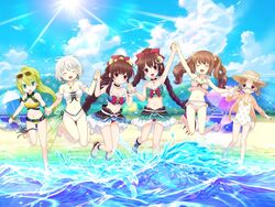  6+girls alina_gray alina_gray_(swimsuit_costume) amane_tsukasa amane_tsukasa_(swimsuit_ver.) amane_tsukuyo amane_tsukuyo_(swimsuit_ver.) azusa_mifuyu azusa_mifuyu_(swimsuit_costume) bare_shoulders beach bikini blush bow braid breasts brown_eyes brown_hair curly_hair earrings eyewear_on_head feet flower frilled_bikini frills game_cg green_hair hair_between_eyes hair_flower hair_ornament hair_ribbon hairbow hand_up hiiragi_nemu hiiragi_nemu_(swimsuit_costume) holding_hands jewelry jumping large_breasts long_hair magia_record:_mahou_shoujo_madoka_magica_gaiden mahou_shoujo_madoka_magica multiple_girls navel necklace ocean official_alternate_costume official_art open_mouth outdoors plaid plaid_bikini plumeria ponytail red_bow ribbon satomi_touka satomi_touka_(swimsuit_costume) short_hair siblings sidelocks sisters smile soles sunglasses swimsuit twin_braids very_long_hair white_flower white_hair yellow_bikini 