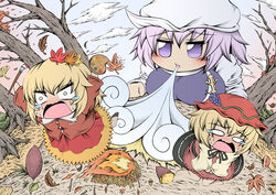  3girls aki_minoriko aki_shizuha autumn_leaves barefoot blonde_hair blowing blue_sky blush branch breasts brooch buttons campfire commentary crying crying_with_eyes_open day dress fire food frilled_dress frills fruit_hat_ornament giant giantess grape_hat_ornament grass hair_ornament hat hidefu_kitayan highres jewelry large_breasts leaf_hair_ornament letty_whiterock long_sleeves medium_breasts mob_cap multiple_girls nervous_sweating open_mouth orange_eyes orange_shirt orange_skirt outdoors outstretched_arms paintbrush palette_(object) purple_eyes purple_hair roasted_sweet_potato scared shirt short_hair siblings sisters skirt sky solid_oval_eyes sweat sweet_potato tears touhou tree twig white_headwear wing_collar yellow_shirt 