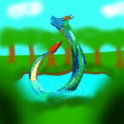  1:1 2023 ambiguous_gender blue_eyes blurred_background dragon eastern_dragon feral hi_res iridescent iridescent_scales macro male matenrou multicolored_body mythological_creature mythological_scalie mythology outside partially_submerged red_tail_feathers reverie_(character) scales scalie solo sparkles 