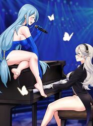  2girls aqua_hair ass azura_(fire_emblem) bare_legs barefoot breasts bug butterfly commission corrin_(female)_(fire_emblem) corrin_(fire_emblem) feet feet_out_of_frame fire_emblem fire_emblem_fates grand_piano grey_hair hairband highres holding holding_microphone igni_tion instrument legs long_hair medium_breasts microphone multiple_girls music piano playing_instrument sideboob singing sitting_on_piano toenails toes very_long_hair 