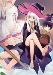  2girls absurdres armpits ass bare_legs barefoot black_coat black_headwear black_robe blue_eyes breasts broom broom_riding coat collarbone collared_shirt covered_navel dysoor elaina_(majo_no_tabitabi) feet grey_hair hat highres hooded_robe legs long_hair majo_no_tabitabi multiple_girls neck_ribbon open_clothes open_robe panties partially_visible_vulva ribbon robe saya_(majo_no_tabitabi) shirt small_breasts soles toes underwear white_hair white_panties white_shirt witch witch_hat yellow_ribbon 