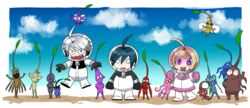  6+boys 6+girls :d ahoge akamatsu_kaede amami_rantaro black_gloves black_hair blonde_hair blue_sky border brown_eyes chabashira_tenko cloud commentary danganronpa_(series) danganronpa_v3:_killing_harmony day frown furukawa_(yomawari) gloves gokuhara_gonta grey_hair hair_ornament harukawa_maki helmet hoshi_ryoma iruma_miu jacket k1-b0 leaf looking_at_viewer momota_kaito multiple_boys multiple_girls musical_note musical_note_hair_ornament oma_kokichi open_mouth pikmin_(creature) pikmin_(series) purple_eyes saihara_shuichi shinguji_korekiyo shirogane_tsumugi short_hair sky smile space_helmet striped_clothes striped_jacket teeth tojo_kirumi upper_teeth_only white_border wings yonaga_angie yumeno_himiko 