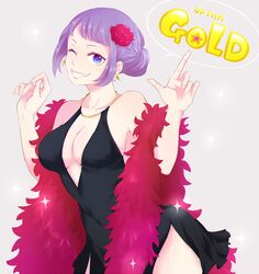  bad_id bad_pixiv_id black_dress blue_eyes carina_(one_piece) center_opening commentary_request copyright_name dress earrings feather_boa female flower grey_background hair_bun hair_flower hair_ornament jewelry nashimo_(drz_n) one_eye_closed one_piece one_piece_film:_gold purple_hair simple_background single_hair_bun solo sparkle teeth 