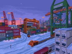  blue_sky building city cityscape commentary crane_(machine) forklift gantry kldpxl lamppost motor_vehicle no_humans original outdoors pixel_art road semi_truck shipping_container sky skyscraper snow snowplow star_(sky) traffic_light trailer truck twilight 